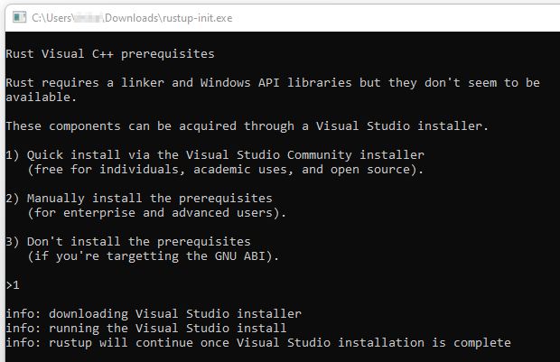 rustup prompts to install Visual C++ redist